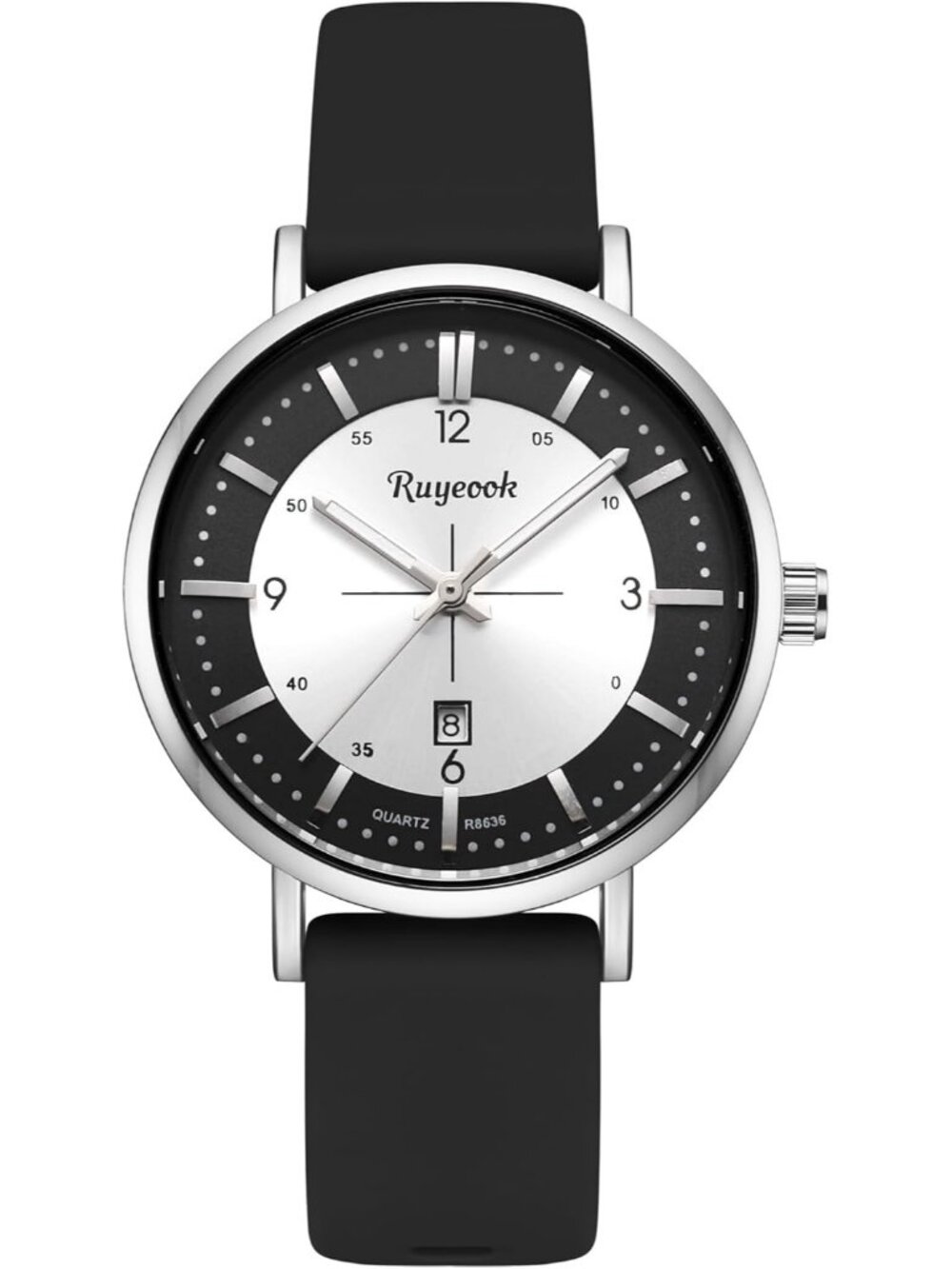 Women Black Silver Analog Quartz Silicone Band Calendar Date Display Wrist Watch